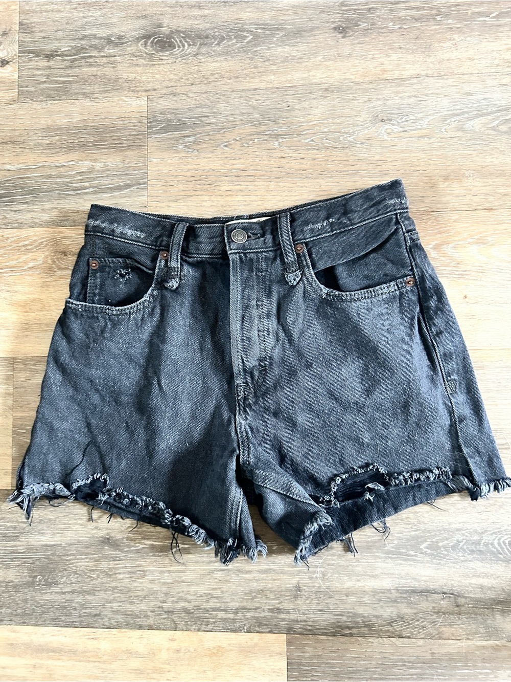 Free People We The Free High Rise‎ Shorts 26 Button Fly Black Distressed Denim
